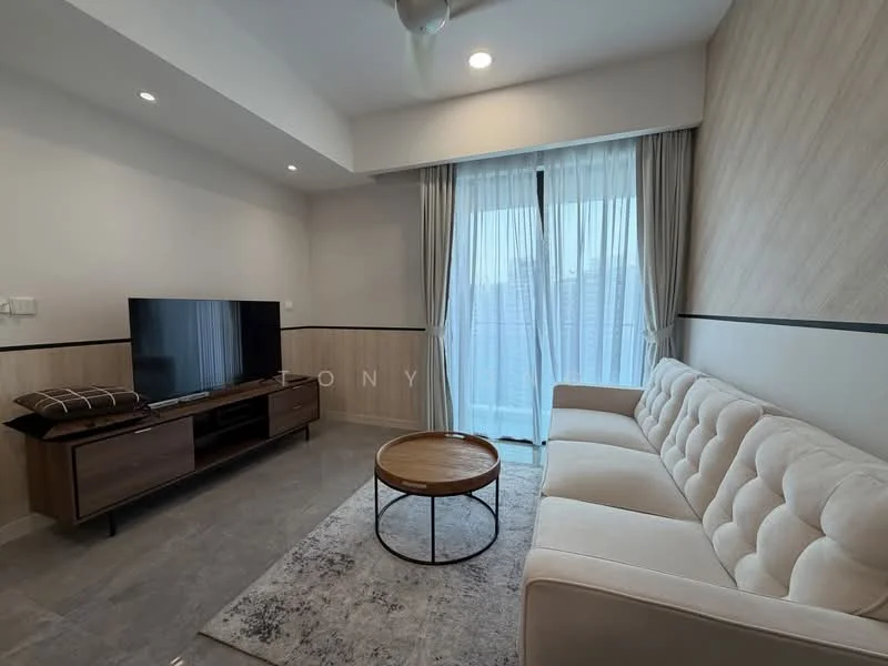 Living features: beige tufted fabric sofa, round wooden coffee table, wall-mounted TV, TV console with storage, grey area rug, floor-to-ceiling windows, sheer curtains, recessed downlights, ceiling fan, light wood accent wall, grey tiled flooring; style: modern; view: city.