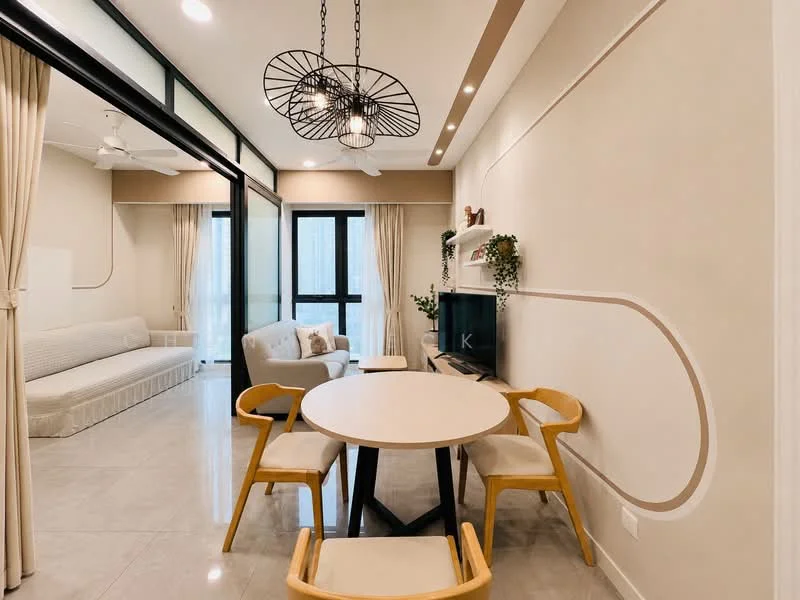 Dining features: round dining table, 4 wooden dining chairs, pendant light fixture, cream painted walls, light grey tile flooring, floor-to-ceiling windows, sheer curtains, decorative wall with curved design, greenery decor on wall shelf, sofa in background; style: modern; view: city.
