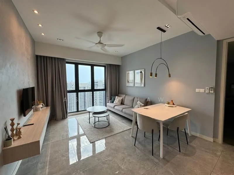 Living features: grey painted walls, marble tile flooring, 5-blade ceiling fan with light, floor-to-ceiling windows, curtains, sofa in light grey fabric, coffee table, TV console, wall-mounted TV, area rug, decorative wall art, dining table with 2 chairs; style: modern; view: city.