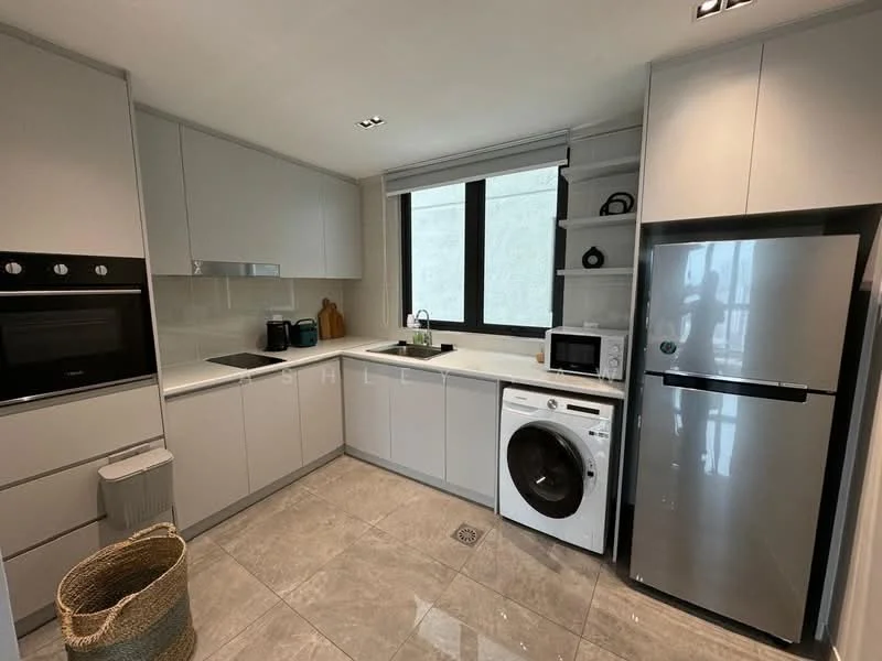 Kitchen features: grey cabinetry, white countertop, built-in oven, stainless-steel refrigerator, microwave, front-load washing machine, single-bowl stainless-steel sink, chrome pull-down faucet, ceramic tile flooring, recessed downlights, window with city view, open shelving; style: modern; view: city.
