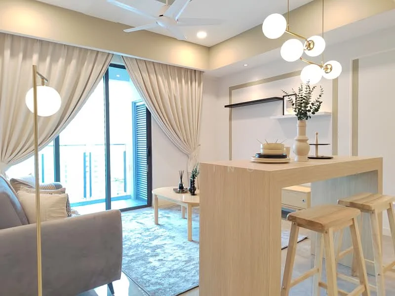 Living features: grey fabric sofa, wood coffee table, area rug with geometric pattern, floor-to-ceiling windows, sheer curtains, recessed downlights, 5-blade ceiling fan with light, decorative plants in ceramic pots, wall-mounted shelf, light wood bar counter, stools with wooden legs, decorative items on counter; style: modern; view: city.