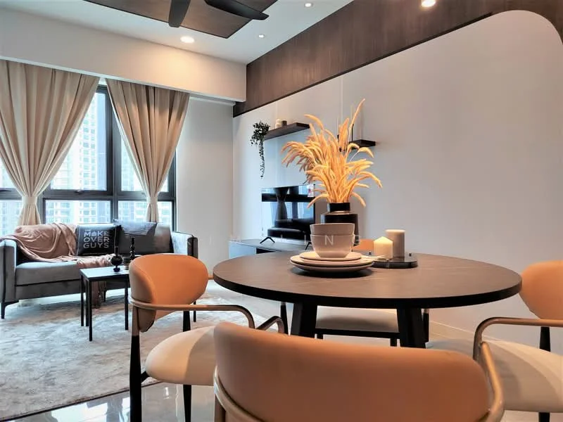 Living features: 3-seater fabric sofa in grey, round dining table, upholstered dining chairs, decorative wall shelves, floor-to-ceiling windows, sheer curtains, area rug, ceiling fan with light, wall-mounted decor, plant decoration; style: modern; view: city.
