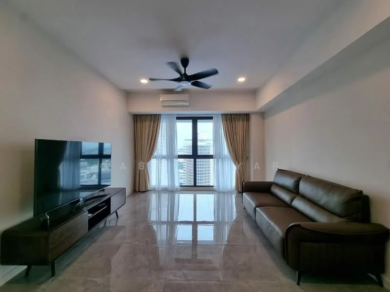 Living features: 3-seater leather sofa in brown, wall-mounted TV, TV console with storage, floor-to-ceiling windows, sheer curtains, 5-blade ceiling fan with light, recessed LED downlights, marble tile flooring, air conditioning unit; style: modern; view: city.