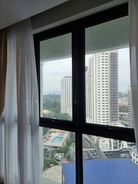 Room features: floor-to-ceiling windows, sheer curtains, city view, pool view; view: city.