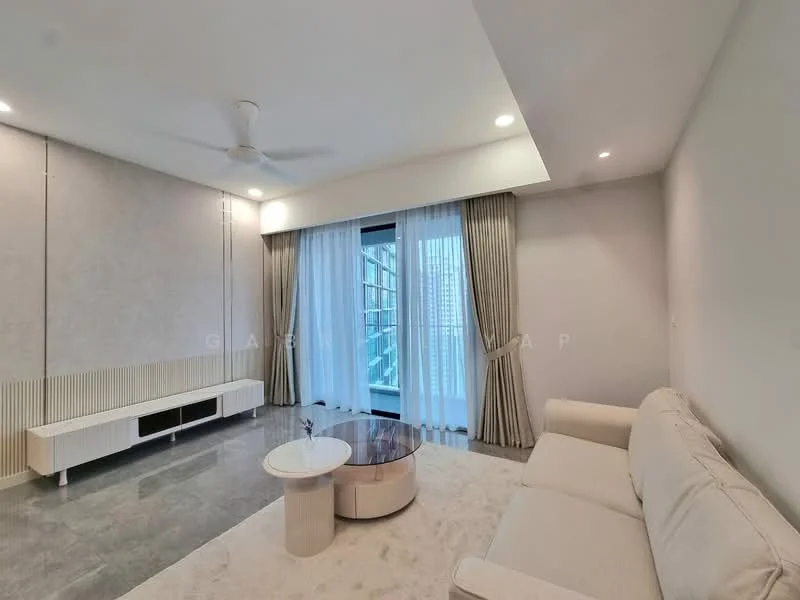 Living features: 3-seater fabric sofa in beige, coffee table with glass top, area rug with neutral color, floor-to-ceiling windows, sheer curtains, recessed downlights, ceiling fan, wall-mounted TV console, grey accent wall, marble tile flooring; style: modern; view: city.
