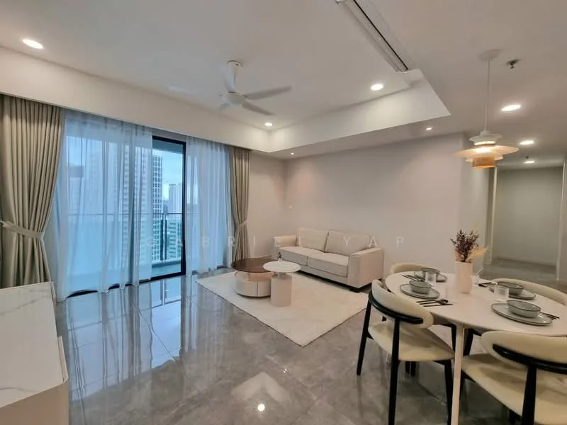 Living features: 3-seater fabric sofa in light beige, round coffee table in white, area rug with neutral tones, floor-to-ceiling windows with sheer curtains, ceiling fan with light, recessed downlights, marble flooring, wall-mounted TV, decorative vase on coffee table; style: modern; view: city. Dining features: 6-seater round dining table, upholstered dining chairs in black, table setting with plates and cutlery, pendant lamp above dining table; style: modern.