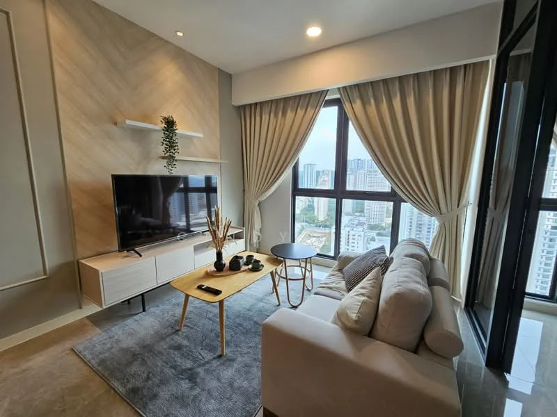 Living features: 3-seater fabric sofa in light grey, wooden coffee table, TV console with storage, wall-mounted flat-screen TV, floor-to-ceiling windows, sheer curtains, decorative plants, area rug with geometric pattern, accent wall with wood paneling, recessed downlights; style: modern; view: city.