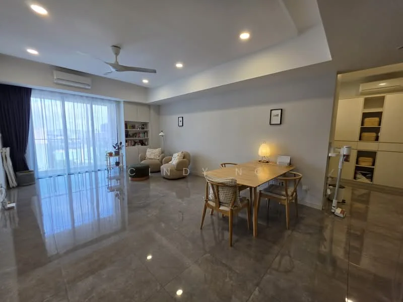 Living features: large floor-to-ceiling windows, sheer curtains, grey marble tile flooring, recessed ceiling lights, 5-blade ceiling fan, round dining table, 4 dining chairs, 2 bean bag chairs, bookshelf, decorative wall art, wall-mounted air conditioning unit; style: modern; view: city.