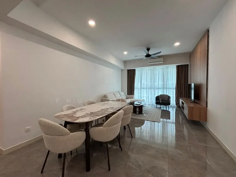Living features: 3-seater fabric sofa in light grey, coffee table with marble top, TV console with wall-mounted TV, area rug with geometric pattern, ceiling fan with light, floor-to-ceiling windows with sheer curtains, wooden feature wall, marble tile flooring, recessed downlights; style: modern. Dining features: 6-seater dining table with marble top, upholstered dining chairs, marble tile flooring; style: modern.