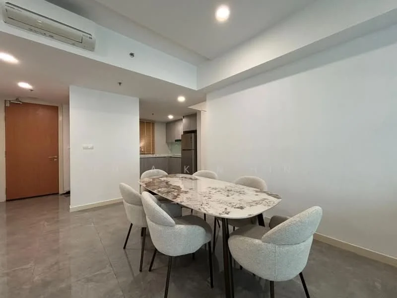 Dining features: 6-seater dining table with marble top, upholstered dining chairs in light grey, grey tiled flooring, white painted walls, recessed downlights, wall-mounted split AC, open layout to kitchen, large window for natural light; style: modern.