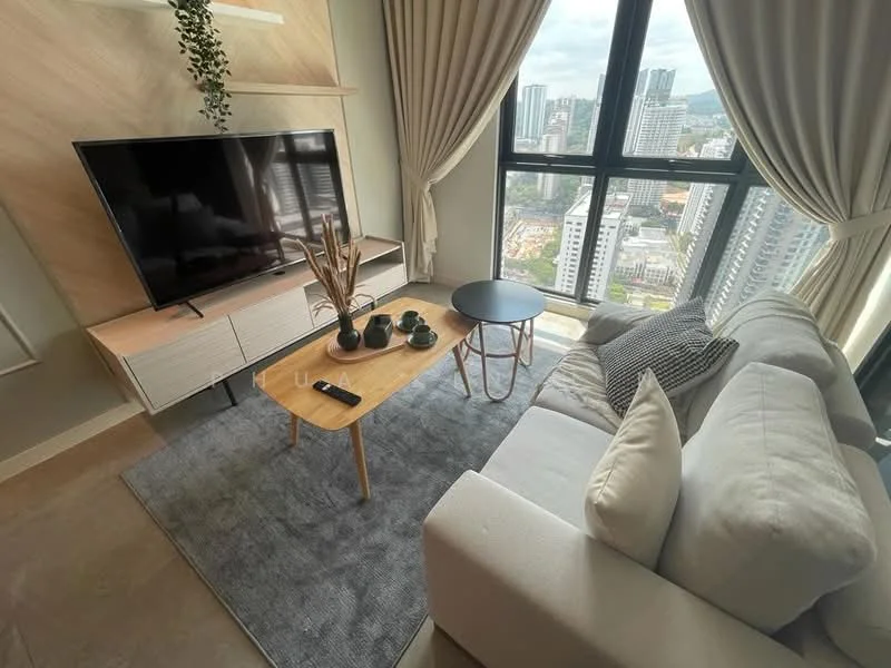Living features: 3-seater fabric sofa in light grey, wooden coffee table, area rug with neutral tones, wall-mounted flat-screen TV, TV console with storage, floor-to-ceiling windows, curtains in light fabric, decorative plant on shelf, decorative vase on coffee table; style: modern; view: city.