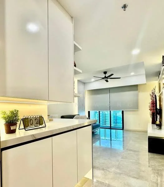 Room features: white cabinetry, black handles, marble countertop, recessed lighting, 5-blade ceiling fan, large windows, city view, grey tiled flooring, decorative plant, wall-mounted shelving, open layout; style: modern; view: city.