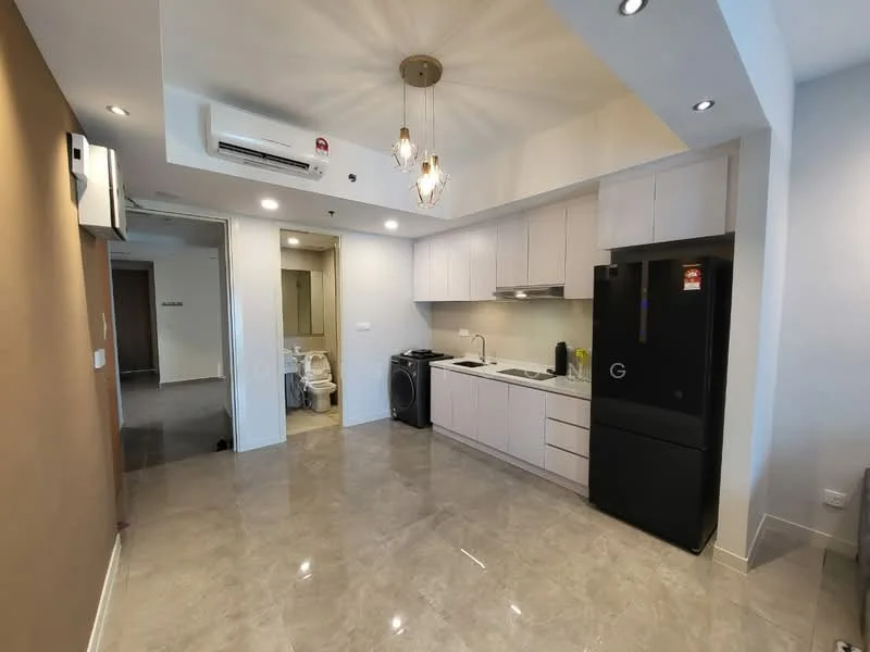 Kitchen features: white cabinetry, black refrigerator, built-in oven, stainless-steel sink, chrome pull-down faucet, ceramic tile backsplash, marble tile flooring, recessed downlights, air conditioning unit, washing machine, open layout, countertop with space for appliances; style: modern. Room features: grey painted walls, doorway leading to bathroom, floor-to-ceiling windows, light fixture.