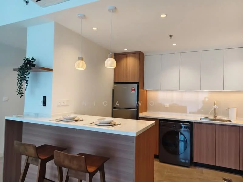 Kitchen features: white cabinets, wood cabinetry, marble countertop, stainless-steel fridge, built-in washing machine, single-bowl stainless-steel sink, chrome pull-down faucet, pendant lighting, open shelving, bar seating with two stools, recessed downlights, tile backsplash; style: modern.