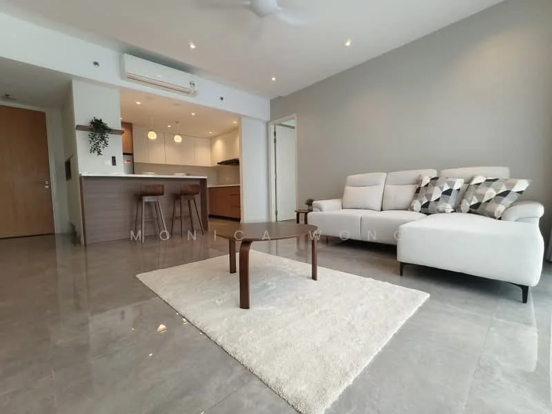 Living features: 3-seater fabric sofa in light grey, coffee table with wooden legs, area rug with cream color, wall-mounted air conditioning unit, recessed downlights, pendant lighting, large windows with natural light, grey painted walls, polished ceramic tile flooring; style: modern. Kitchen features: kitchen island with seating, wood cabinetry, built-in oven, stainless-steel sink, chrome pull-down faucet, white quartz countertop, recessed lighting; style: modern.