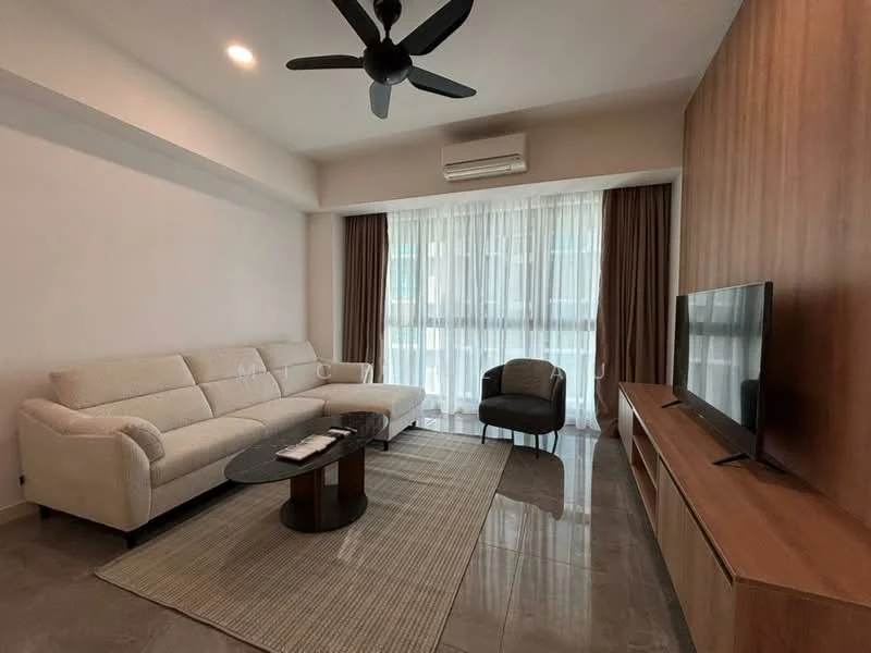 Living features: 3-seater fabric sofa in white, black coffee table, area rug, wall-mounted TV, TV console in wood, floor-to-ceiling windows, sheer curtains, dark brown curtains, ceiling fan with light, wall-mounted split AC, glossy tile flooring, wood accent wall; style: modern.