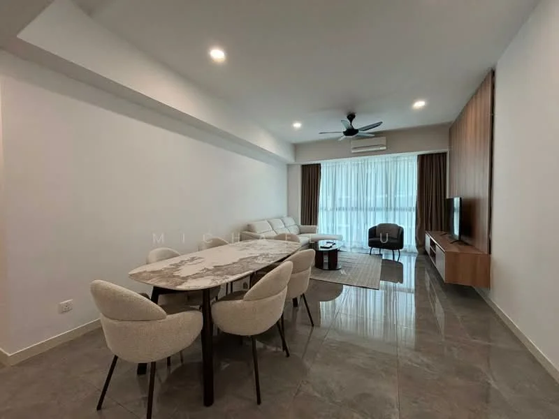 Living features: 3-seater fabric sofa in white, coffee table with marble top, TV console with wooden finish, wall-mounted TV, area rug with geometric pattern, 5-blade ceiling fan with light, floor-to-ceiling windows with sheer curtains, marble tile flooring, recessed downlights, decorative wall paneling, dining table with marble top and 4 upholstered chairs; style: modern.