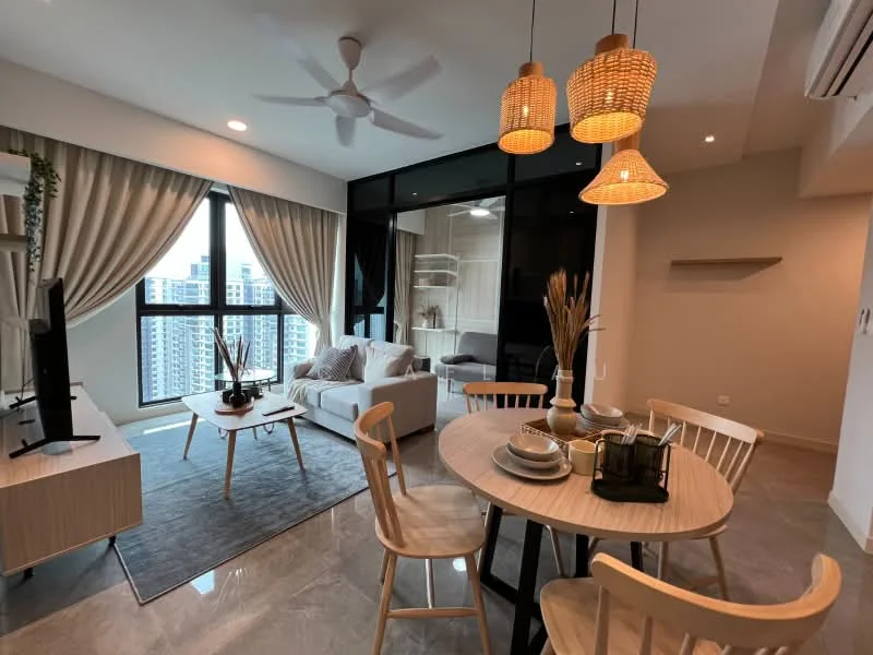 Dining features: round dining table, 4 wooden dining chairs, decorative vase on table, table setting with plates and cutlery, pendant lighting with woven shades, grey area rug, floor-to-ceiling windows, city view, ceiling fan; style: modern; view: city. Living features: fabric sofa in light grey, coffee table, TV console, wall-mounted TV, decorative plant, curtains, accent pillows; style: modern; view: city.