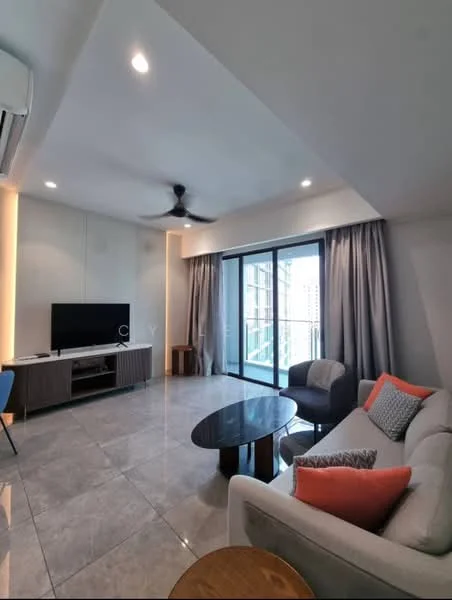 Living features: grey tiled flooring, white painted walls, recessed downlights, 5-blade ceiling fan, wall-mounted TV, TV console with storage, sofa with cushions, coffee table, curtains, floor-to-ceiling windows, balcony access; style: modern; view: city.