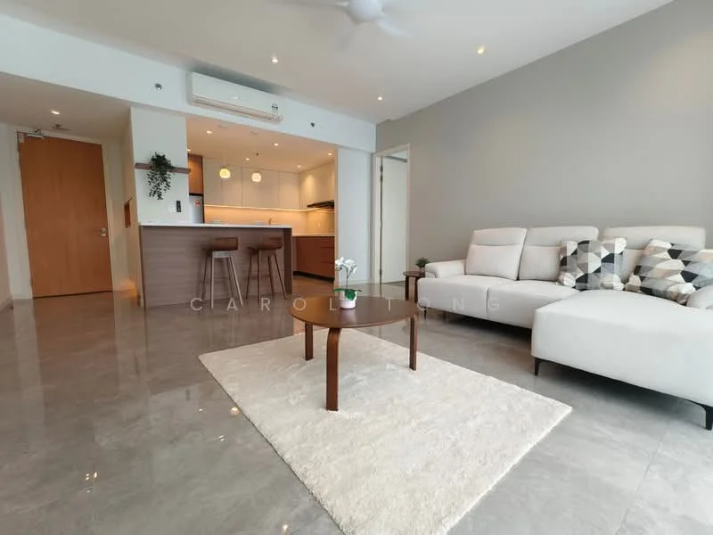 Living features: light grey walls, polished marble flooring, 5-blade ceiling fan with light, sofa in white fabric, coffee table with wooden legs, area rug with geometric pattern, decorative plant on table, wall-mounted air conditioning unit, floor-to-ceiling windows, open layout to kitchen, natural light from windows; style: modern. Kitchen features: white cabinetry, kitchen island with bar seating, stainless-steel appliances, pendant lighting above island, open-plan layout, countertop with smooth surface, backlit cabinetry, built-in oven, stainless-steel range hood; style: modern.