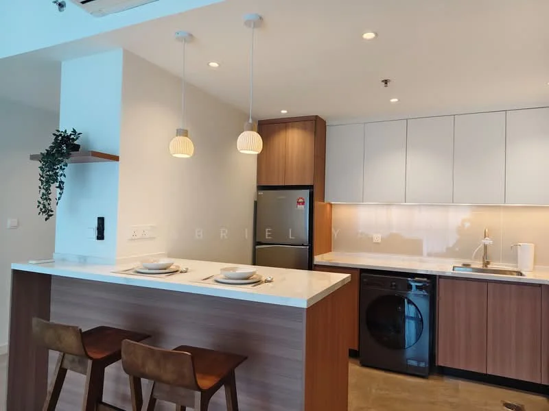 Kitchen features: white cabinetry, wood cabinetry, marble countertop, stainless-steel fridge, built-in washing machine, single-bowl stainless-steel sink, chrome pull-down faucet, pendant lighting, bar seating with two stools, recessed downlights, tile backsplash, open shelving; style: modern.