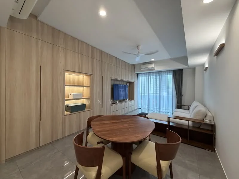 Living features: light grey tiled flooring, wood panelled feature wall, built-in cabinetry, wall-mounted TV, sofa with light upholstery, round wooden dining table, 4 upholstered dining chairs, ceiling fan, floor-to-ceiling windows with sheer curtains, air conditioning unit; style: modern; view: city.