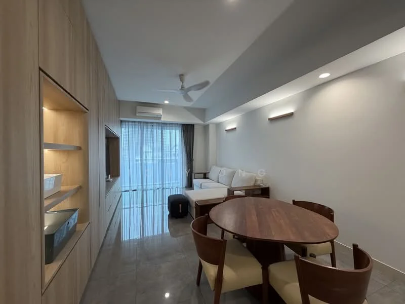 Living features: light grey walls, white ceiling, 5-blade ceiling fan, large window with sheer curtains, marble tile flooring, built-in wooden cabinetry, round wooden dining table, 4 upholstered dining chairs, sectional sofa in white, decorative wall sconces; style: modern.