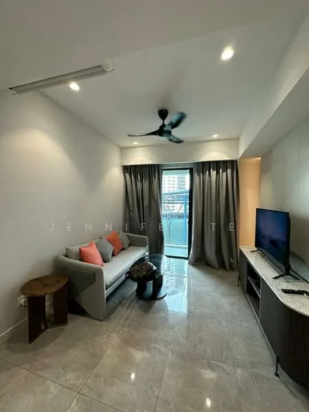 Living features: 3-seater fabric sofa in grey, decorative cushions in orange and grey, coffee table, wall-mounted TV, TV console, floor-to-ceiling windows, sliding glass door, curtains in grey, marble tile flooring, ceiling fan, recessed downlights, decorative plant in pot; style: modern; view: city.