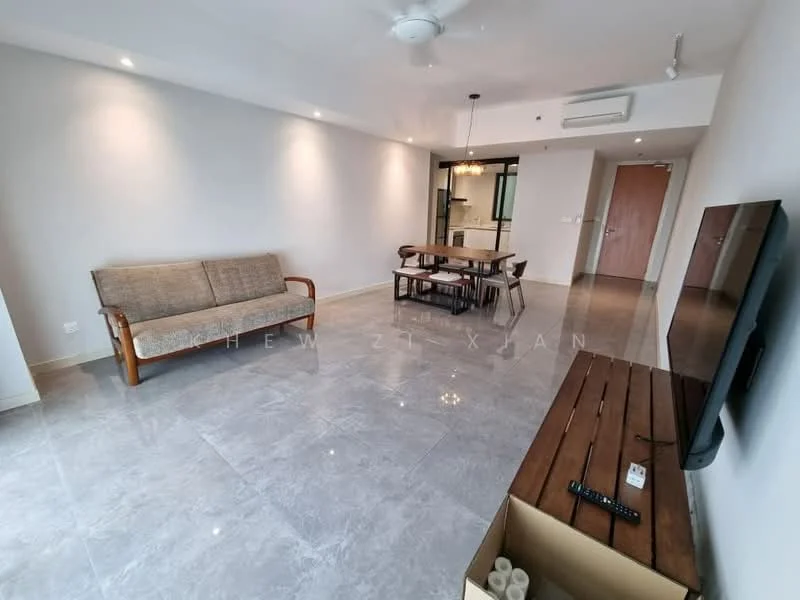 Living features: 3-seater fabric sofa in beige, wooden coffee table, wall-mounted TV, TV console, recessed downlights, ceiling fan, grey tiled flooring, white painted walls, dining table with chairs, open layout, large windows, doorway to other rooms; style: modern.