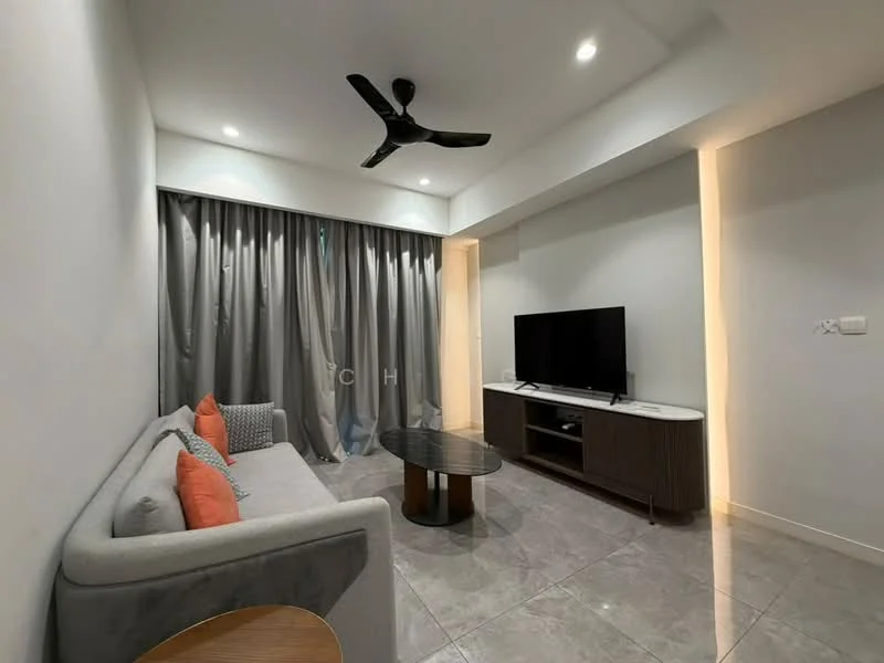 Living features: grey fabric sofa with orange cushions, black coffee table, wall-mounted TV, TV console with storage, recessed downlights, ceiling fan, grey curtains, glossy tile flooring, white painted walls; style: modern.