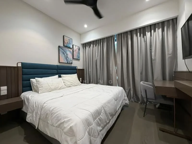 Bedroom features: king-size bed with white bedding, upholstered headboard in blue, two bedside tables, wall-mounted TV, desk with chair, grey curtains, recessed downlights, ceiling fan, wooden flooring, framed artwork on walls; style: modern.