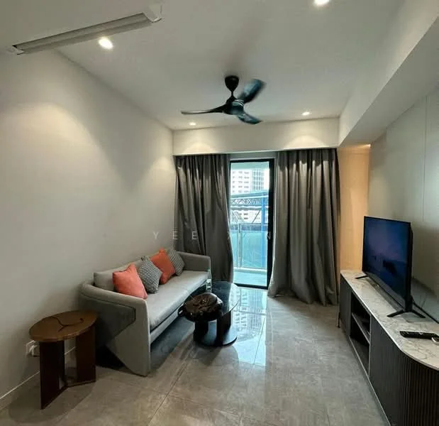 Living features: grey fabric sofa, orange and grey decorative cushions, wooden side table, black coffee table, wall-mounted TV, light grey walls, recessed downlights, 5-blade ceiling fan, floor-to-ceiling sliding glass door, curtains, tile flooring; style: modern; view: city.