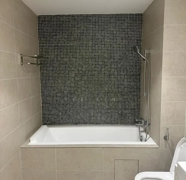 Bathroom features: built-in bathtub, shower with handheld showerhead, chrome wall-mounted faucet, black mosaic tile wall, light beige tile cladding, white bathtub, toilet, vanity with sink; style: modern.