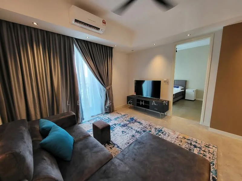Living features: 3-seater fabric sofa in grey, decorative cushions in blue, area rug with geometric pattern, wall-mounted TV, TV console, floor-to-ceiling windows, sheer curtains, recessed downlights, ceiling fan, light-colored walls, tile flooring; style: modern. Room features: doorway leading to another room, light-colored walls, tile flooring.
