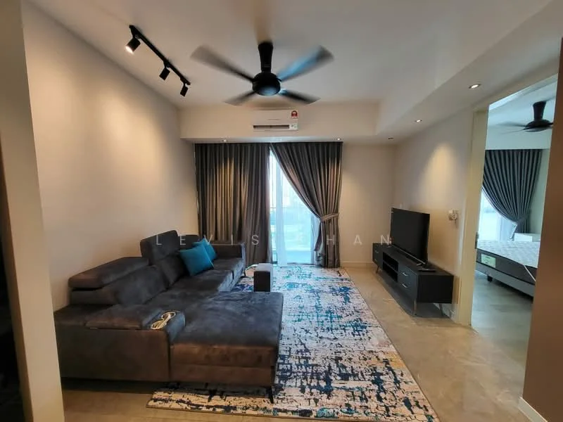 Living features: 3-seater fabric sofa in grey, blue accent cushion, area rug with geometric pattern, wall-mounted TV, TV console, 5-blade ceiling fan, recessed downlights, floor-to-ceiling windows with sheer curtains, sliding glass door, decorative wall, light-colored walls, stone tile flooring; style: modern.