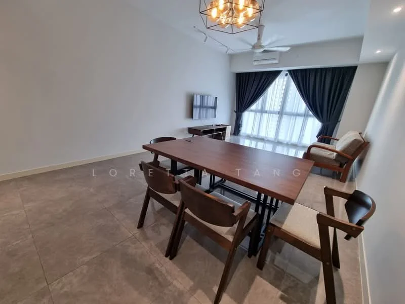 Dining features: wooden dining table, 4 wooden dining chairs, 2-seater sofa, floor-to-ceiling windows, blackout curtains, ceiling fan, wall-mounted TV, light fixture with multiple bulbs, grey tiled flooring, white painted walls; style: modern; view: city.