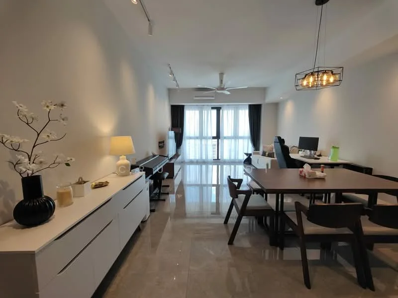 Living features: white painted walls, polished marble flooring, 5-blade ceiling fan with light, chandelier, floor-to-ceiling windows, blackout curtains, dining table with chairs, sideboard, decorative vase with flowers, table lamp, computer desk with chair; style: modern.