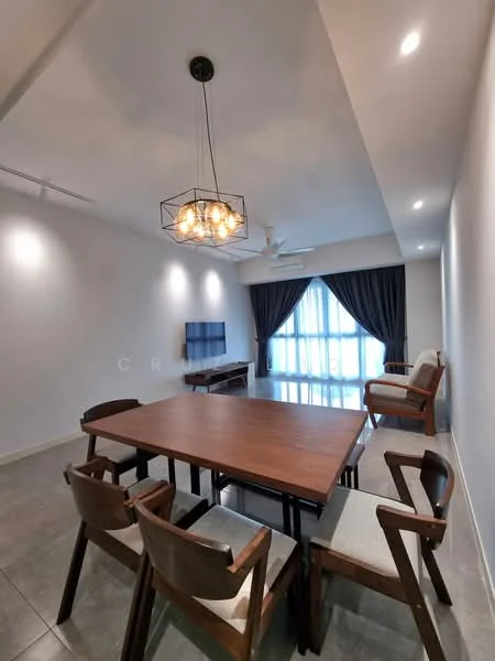 Dining features: wooden dining table, 4 wooden dining chairs with cushions, pendant light fixture, wall-mounted TV, floor-to-ceiling windows, dark curtains, grey tiled flooring, white painted walls, ceiling fan; style: modern.
