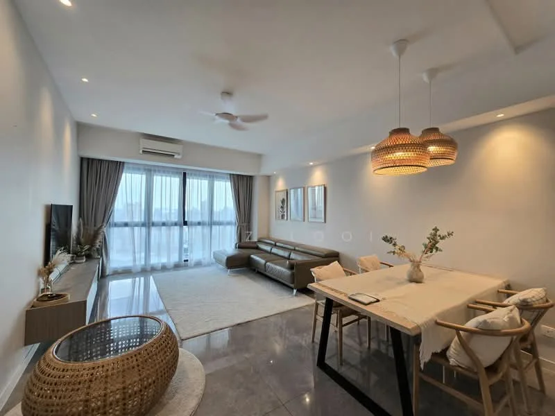 Living features: 3-seater leather sofa in brown, coffee table, TV console, wall-mounted TV, area rug, 5-blade ceiling fan with light, recessed downlights, floor-to-ceiling windows, curtains, decorative plants, pendant lighting, dining table with 6 chairs; style: modern; view: city.