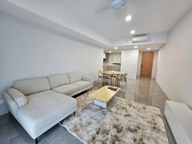 Living features: L-shape sectional sofa in light grey, coffee table with wooden top, area rug with abstract pattern, wall-mounted TV, recessed downlights, ceiling fan, grey tile flooring, white painted walls, open layout to kitchen and dining area; style: modern.
