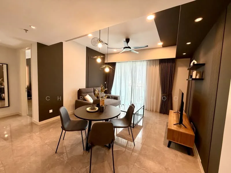 Living features: grey fabric sofa, round dining table, 4 upholstered dining chairs, wall-mounted TV, wooden TV console, 5-blade ceiling fan with light, recessed downlights, floor-to-ceiling windows, curtains, grey accent wall, light-colored walls, marble tile flooring; style: modern; view: city.
