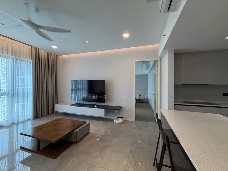 Living features: grey marble tile flooring, white painted walls, recessed downlights, 5-blade ceiling fan, wall-mounted TV, wooden coffee table, TV console, large windows with sheer curtains, open layout to kitchen, neutral color palette, modern design; style: modern; view: city. Room features: doorway leading to another room, light grey cabinetry.