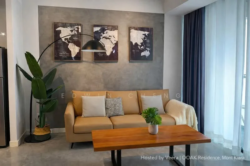 Living features: 3-seater leather sofa in beige, wooden coffee table, framed world map artwork on walls, grey accent wall, floor-to-ceiling windows with sheer curtains, decorative indoor plant, pendant lamp, area rug; style: modern.
