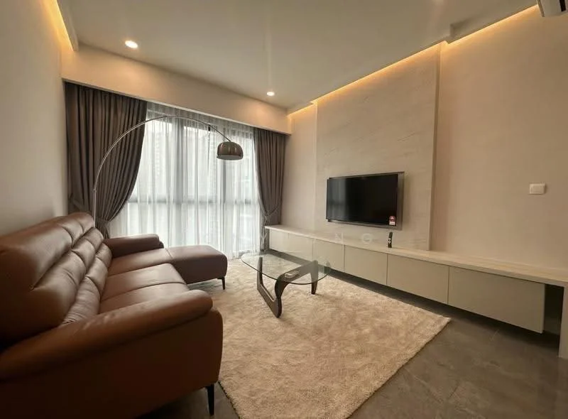 Living features: 3-seater leather sofa in brown, glass coffee table, TV console with storage, wall-mounted TV, floor-to-ceiling windows, sheer curtains, recessed LED downlights, area rug with neutral color, grey tile flooring, accent wall with textured finish; style: modern.