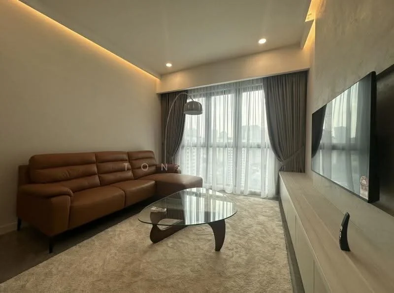 Living features: 3-seater leather sofa in brown, glass coffee table with curved wooden legs, wall-mounted TV, light-colored carpet flooring, recessed LED downlights, floor-to-ceiling windows with sheer curtains, decorative wall paneling, neutral painted walls; style: modern; view: city.