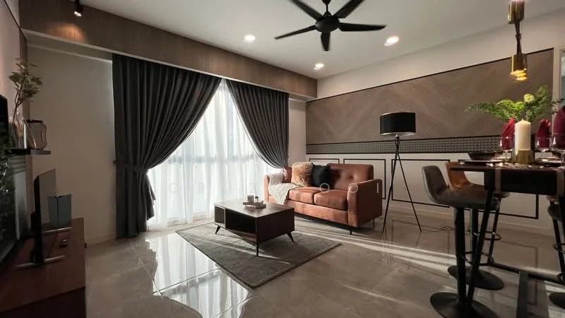 Living features: 3-seater fabric sofa in orange, coffee table with dark wood finish, area rug in grey, floor-to-ceiling windows with sheer curtains, recessed downlights, ceiling fan with light, wall-mounted TV, decorative wall paneling, dining table with high chairs, decorative plants in ceramic pots; style: modern.