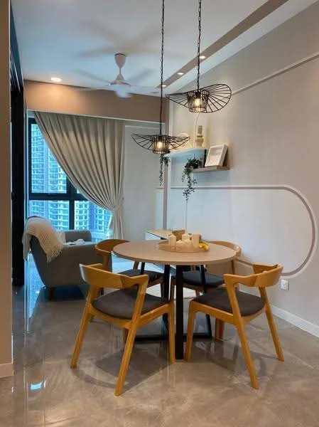 Dining features: round dining table, 4 wooden dining chairs, pendant lighting fixtures, grey walls, marble tile flooring, floor-to-ceiling windows, sheer curtains, decorative wall shelf, houseplants on shelf, ceiling fan; style: modern; view: city. Living features: fabric sofa, throw blanket, decorative cushions, wall-mounted decor; style: modern; view: city.
