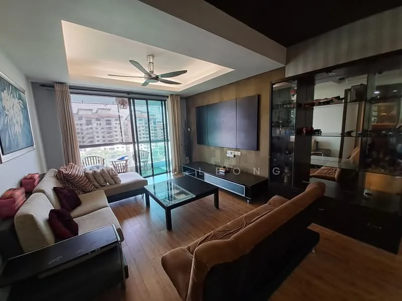 Living features: 3-seater fabric sofa in beige, 2-seater fabric sofa in brown, glass coffee table, wall-mounted TV, TV console, wooden flooring, ceiling fan with light, floor-to-ceiling windows, curtains, decorative wall art, built-in shelving unit, balcony view; style: modern; view: city.