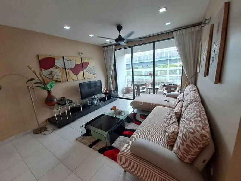 Living features: 3-seater fabric sofa with patterned upholstery, 2-seater fabric sofa, glass coffee table, TV console, wall-mounted TV, area rug with geometric pattern, floor-to-ceiling windows, sliding glass door, curtains, ceiling fan with light, decorative wall art, potted plant; style: modern; view: city.