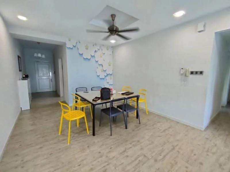 Dining features: light wood laminate flooring, white painted walls, ceiling with recessed lighting, 5-blade ceiling fan, dining table with black metal frame, yellow plastic dining chairs, decorative wall with cloud design, wall-mounted intercom, doorway leading to hallway, doorway leading to kitchen; style: modern. Hallway features: white painted walls, light wood laminate flooring, doorway leading to main entrance, doorway leading to dining area; style: modern.